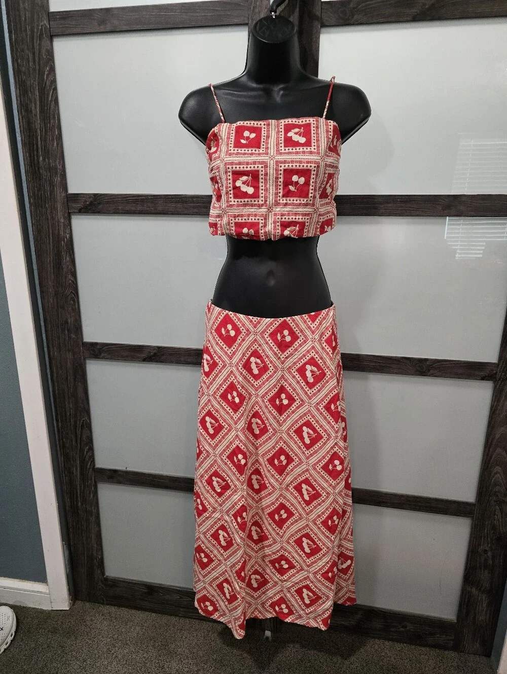 Abercrombie & Fitch Red Cherry Print Maxi Skirt & Top Linen Set Sz XXS